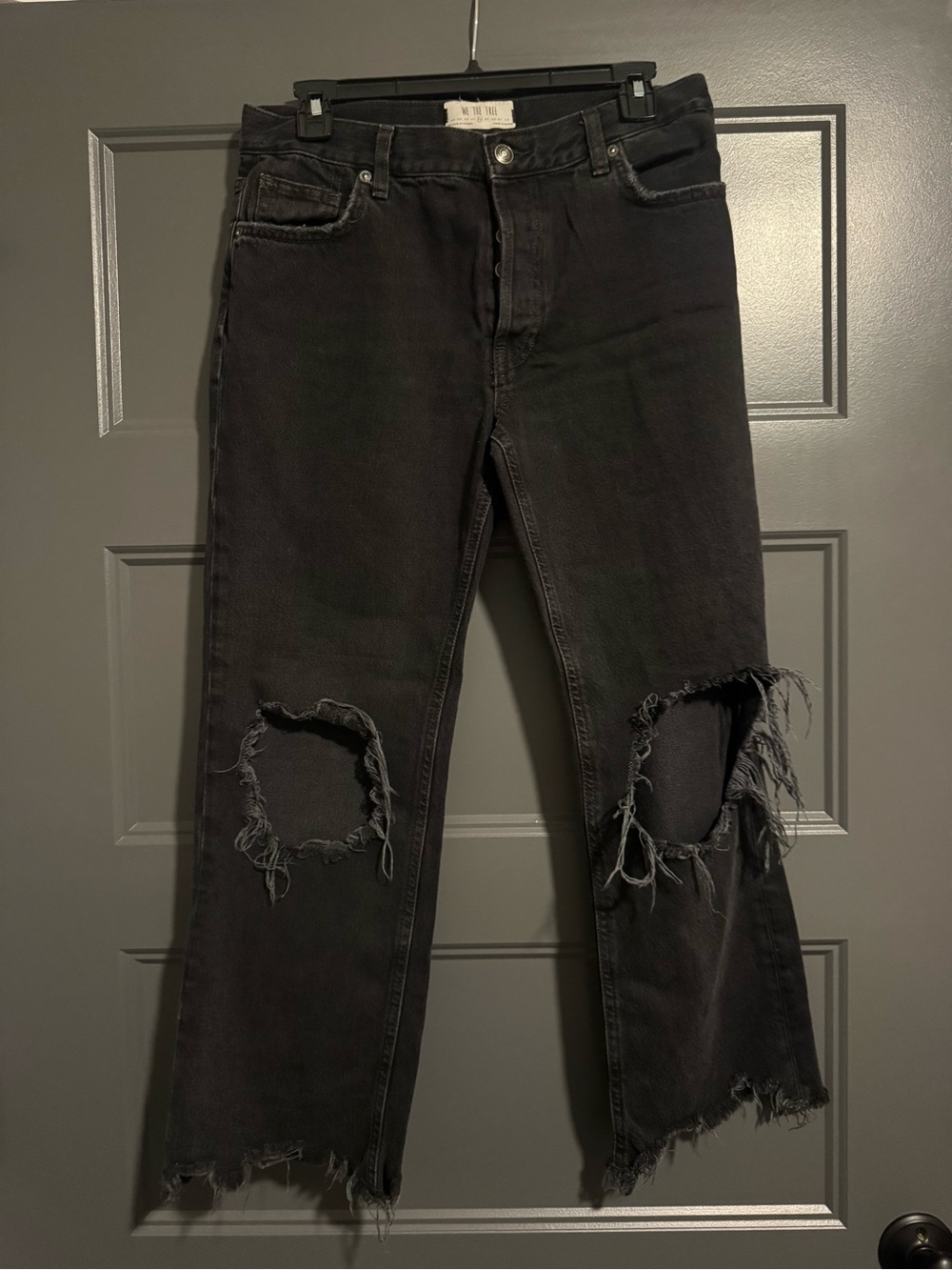 We The Free Black Distressed Straight-Leg Jeans